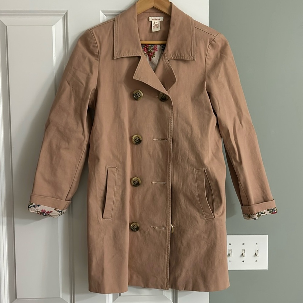 Sundance double breasted pea coat. Tan with floral lining. Never worn!